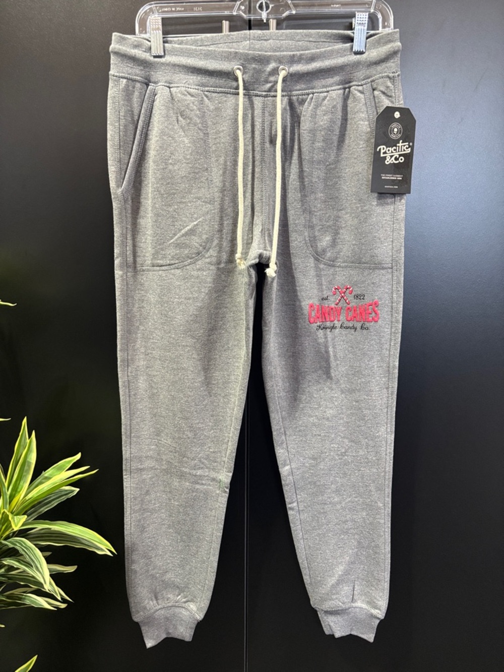 Pacific & Co.Joggers,fleece lined pockets,elastic drawcord waist,Candy Cane logo